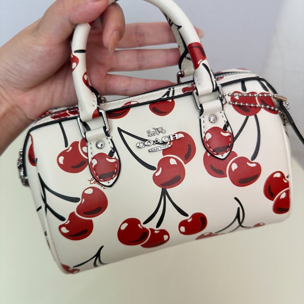 Coach Rowan Cherry Print Boston Bag | White Girlish Tote/Crossbody Bucket Bag - Picture 7 of 10